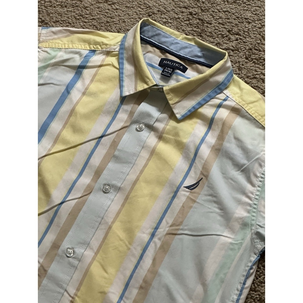 Youth Boys Nautica Short Sleeve Striped Button Up Shirt - Large 14/16